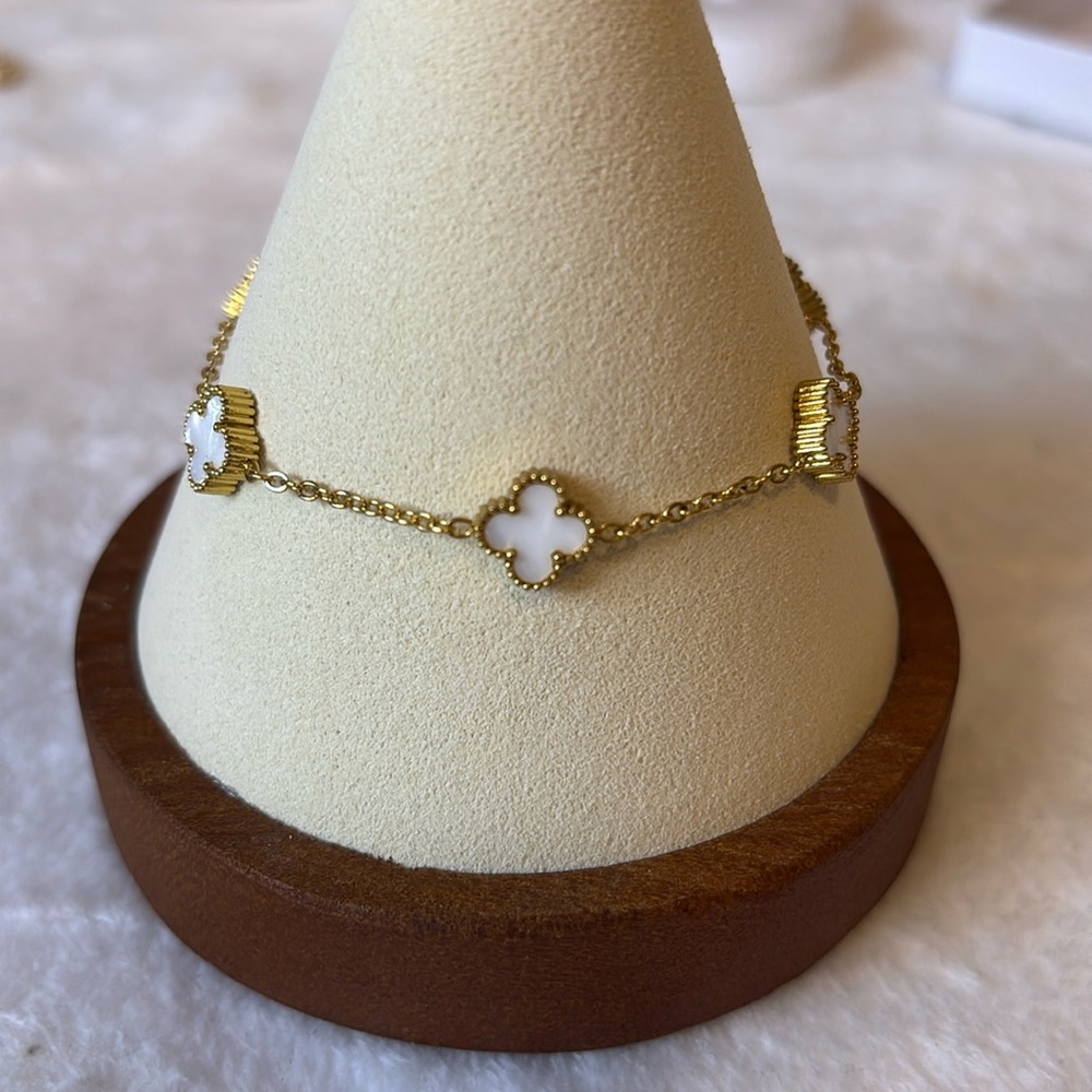 White Enamel Mini Clover Bracelet or Anklet Gold over Stainless Steel